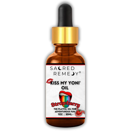 30ml amber glass dropper bottle of Kiss My Yoni Oil with a strawberry-themed label and gold cap.