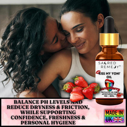 Kiss My Yoni Oil strawberry bottle with dropper next to fresh strawberries and a couple embracing.