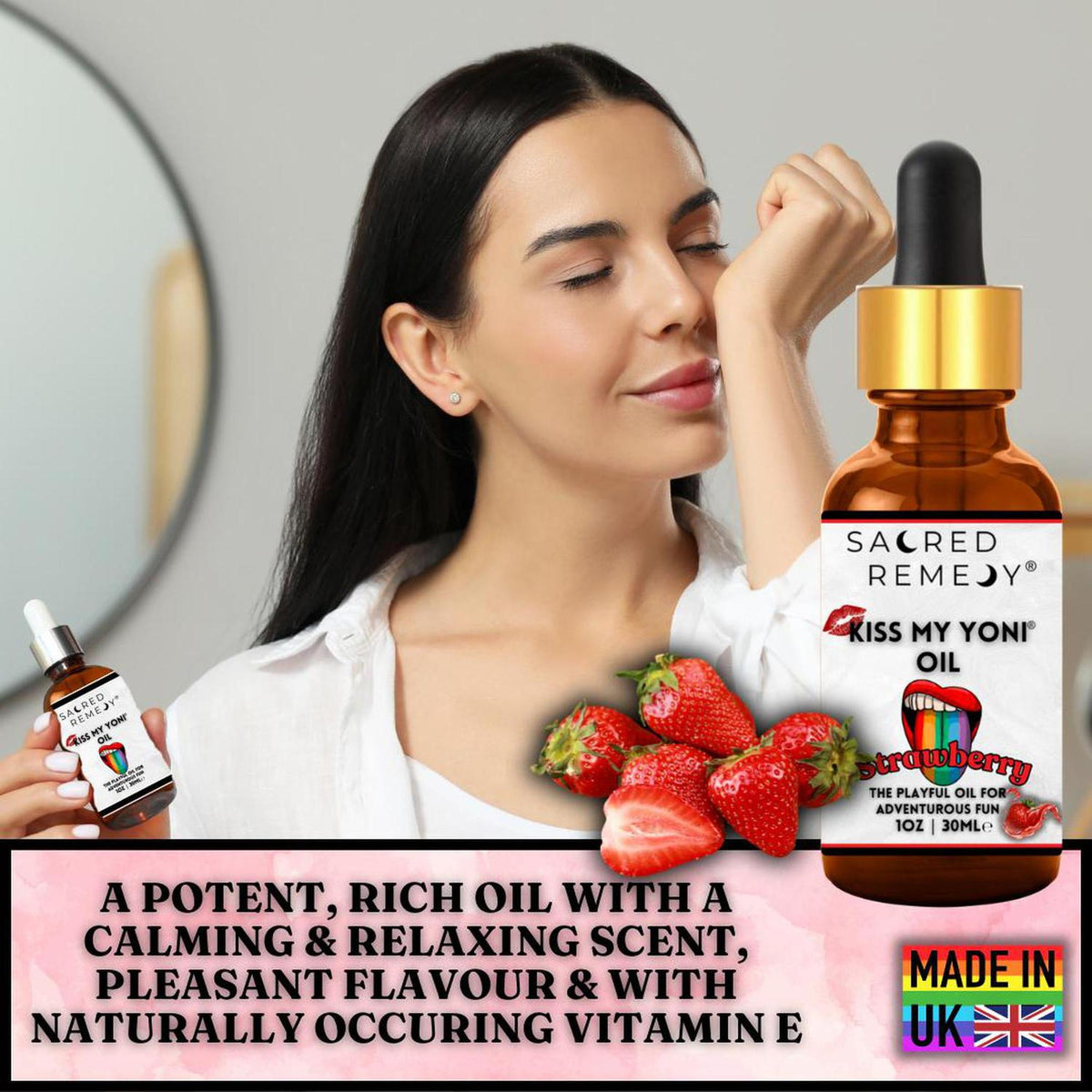 Woman smelling strawberry-scented Kiss My Yoni oil in a 30ml amber glass dropper bottle with a gold cap.