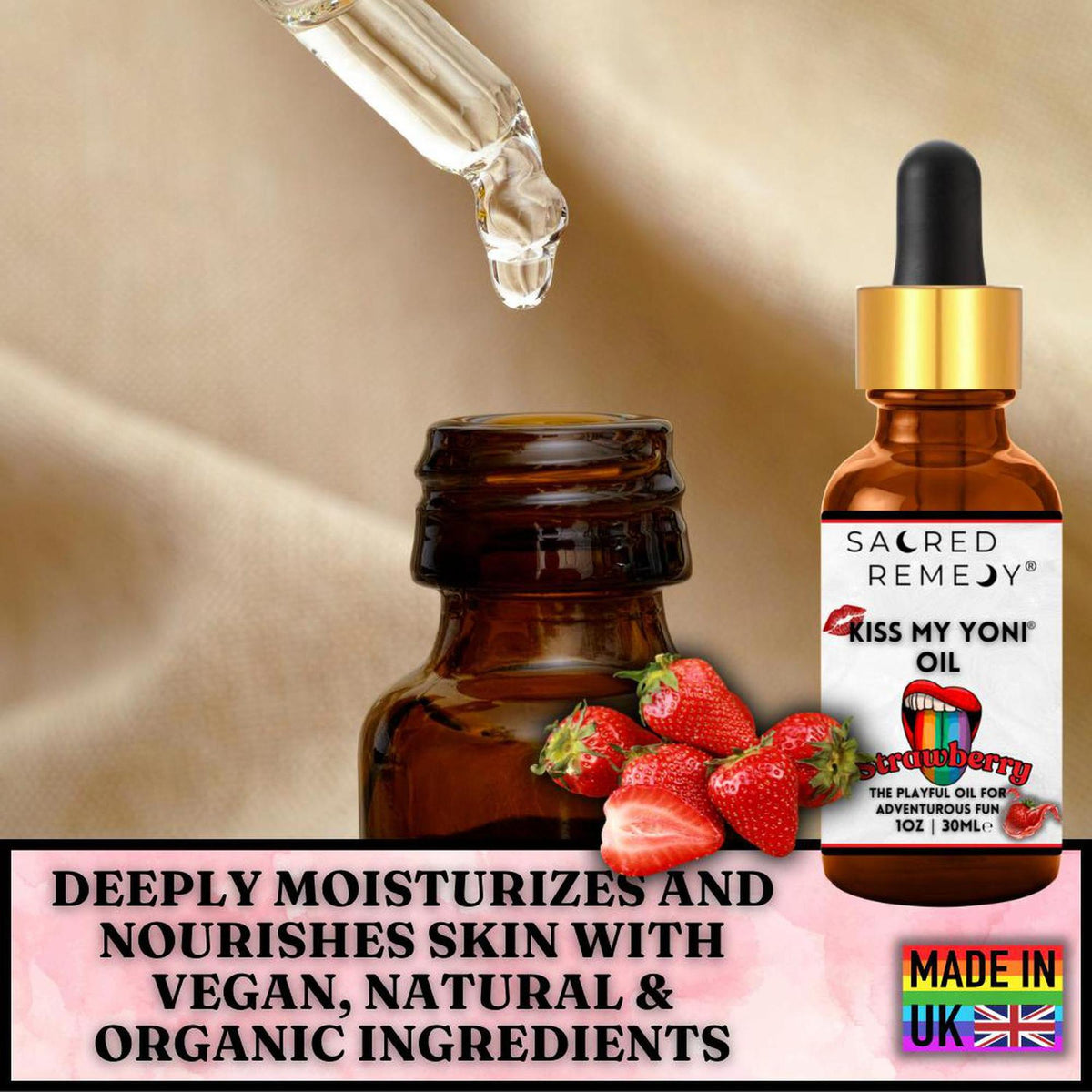 Amber glass bottle of Kiss My Yoni Strawberry oil with a dropper, fresh strawberries, and text on a soft beige background.