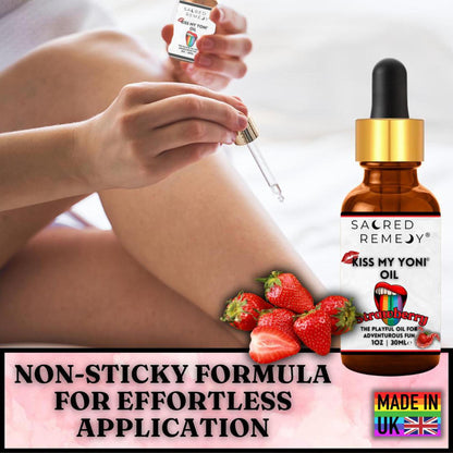 Amber glass bottle of Kiss My Yoni Strawberry oil with a dropper, fresh strawberries, and application text overlay.