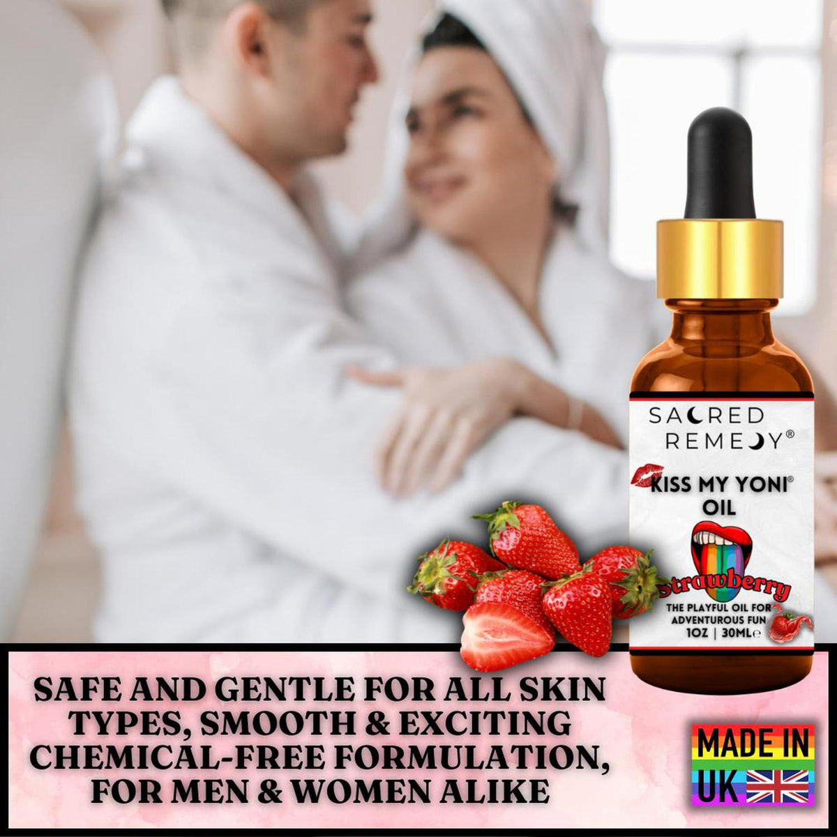 Amber glass dropper bottle of Kiss My Yoni Strawberry oil with fresh strawberries, against a blurred couple background.