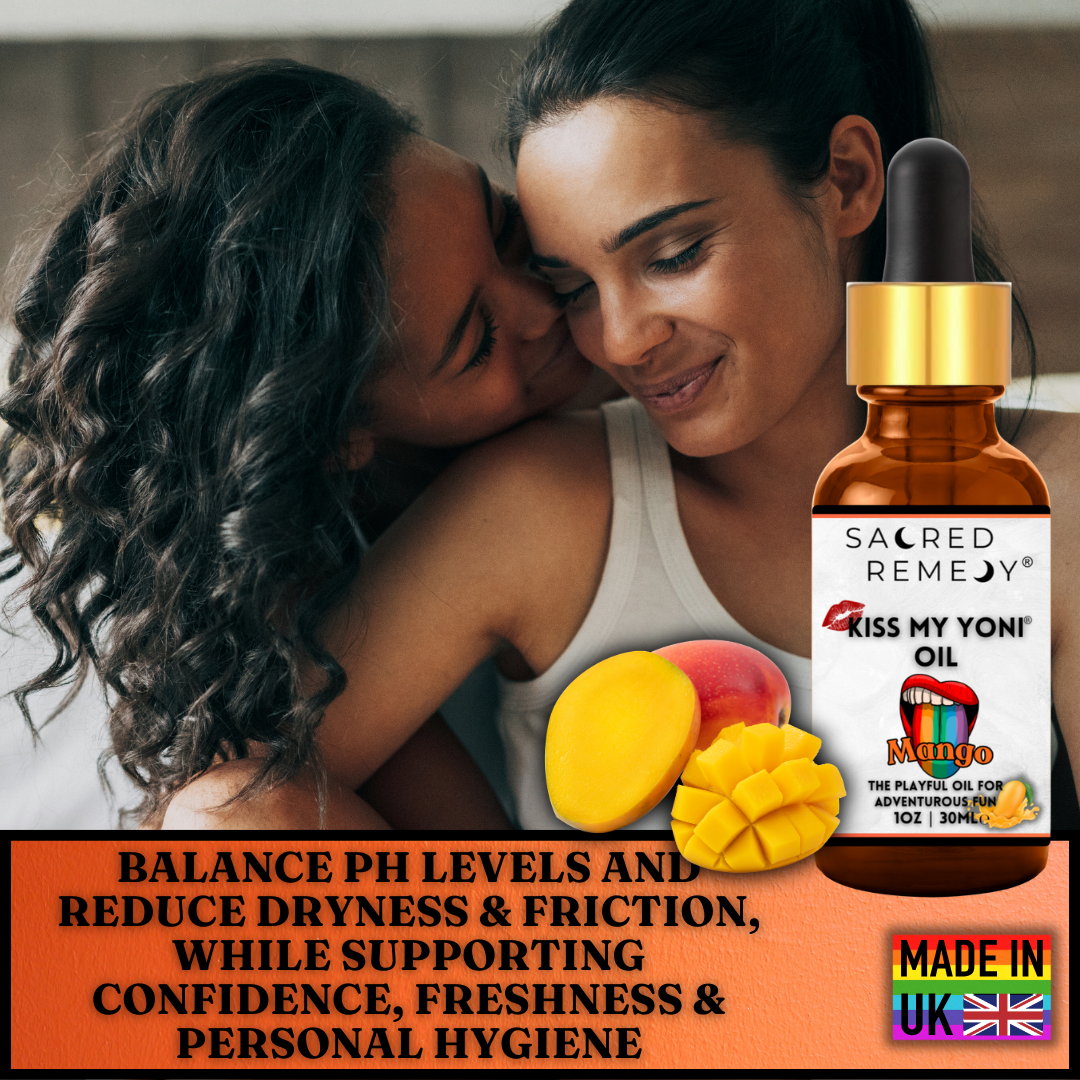 Buy Kiss My Yoni Oil - Mango | Fresh, Natural, Intimate Care - Luxuriate in the ultimate skin indulgence with Kiss My Yoni Oil Mango. A Premium Body Massage Oil Rub to ignite the senses. Our non-sticky, vegan, and organic formula also deeply hydrates, plumps & moisturizes, leaving your skin soft and refreshed. Experience the pure bliss of self-care or share the love with a partner at Sacred Remedy Online