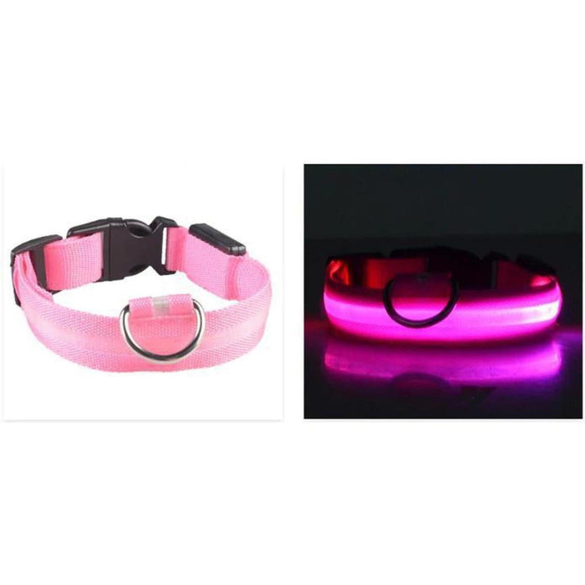 Pink LED safety dog collar made of durable nylon with a black buckle, shown both unlit and glowing brightly in the dark.