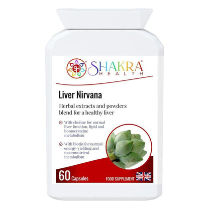 White bottle of Shakra Health Liver Nirvana capsules with an artichoke graphic and red accents.