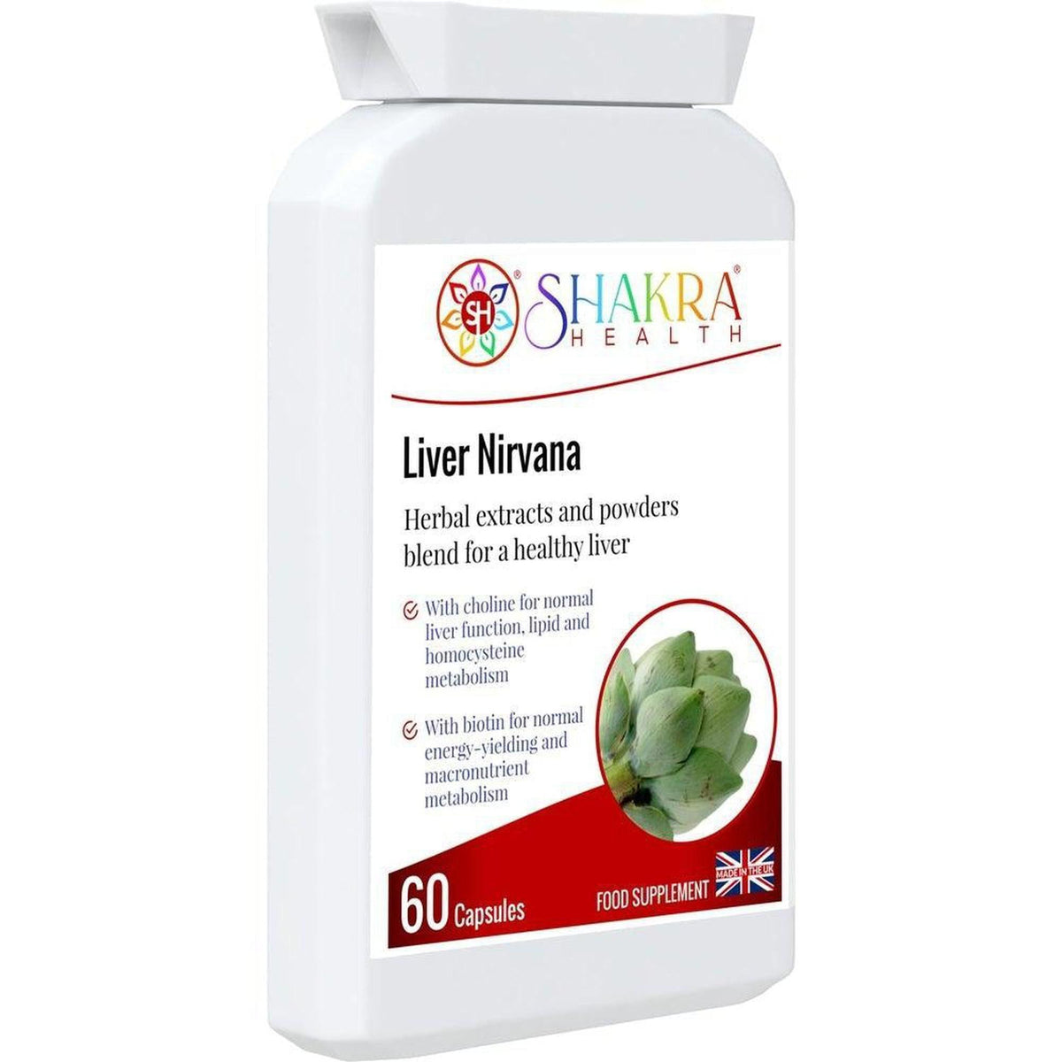 White plastic bottle of Liver Nirvana supplement with a label featuring an artichoke image and 60 capsules text.