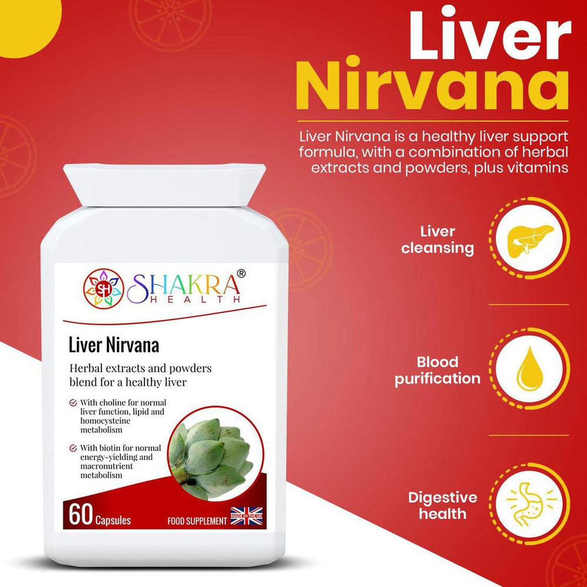 White bottle of Liver Nirvana capsules with Shakra Health branding and artichoke imagery on a red background.