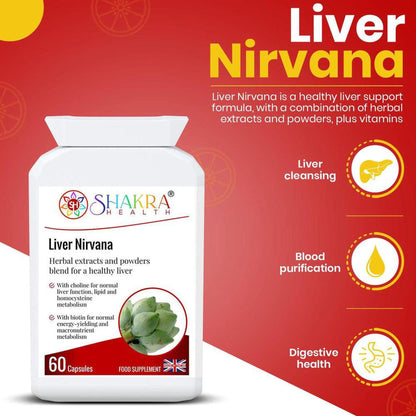 White bottle of Liver Nirvana capsules with Shakra Health branding and artichoke imagery on a red background.