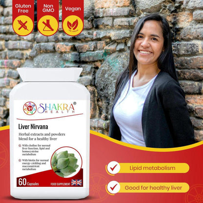 Smiling woman next to a white bottle of Liver Nirvana capsules featuring a red label and artichoke illustration.