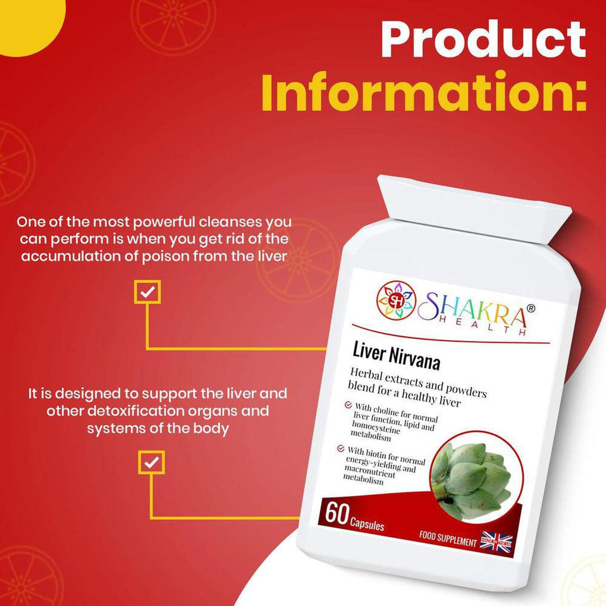 White bottle of Liver Nirvana capsules by Shakra Health on a red background with product information text.