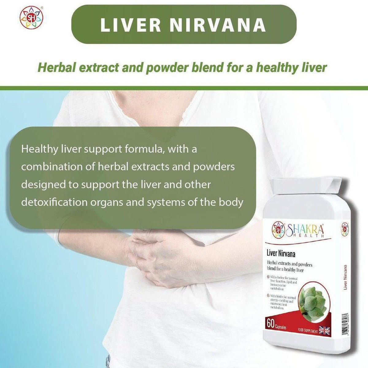 White bottle of Liver Nirvana capsules with green herbal imagery, displayed against a person holding their abdomen.
