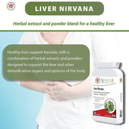 White bottle of Liver Nirvana capsules with green herbal imagery, displayed against a person holding their abdomen.