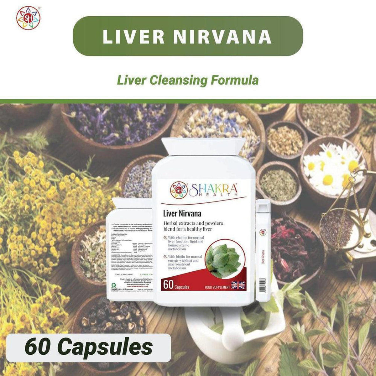 White bottle of Liver Nirvana 60 capsules with herbal ingredients in wooden bowls on a rustic background.