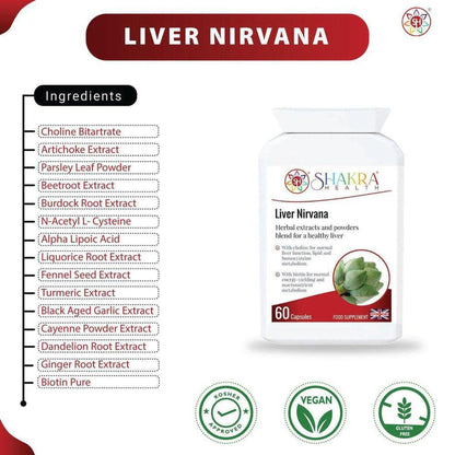 Liver Nirvana supplement bottle with ingredient list, artichoke graphic, and Kosher, Vegan, and Gluten-Free certifications.