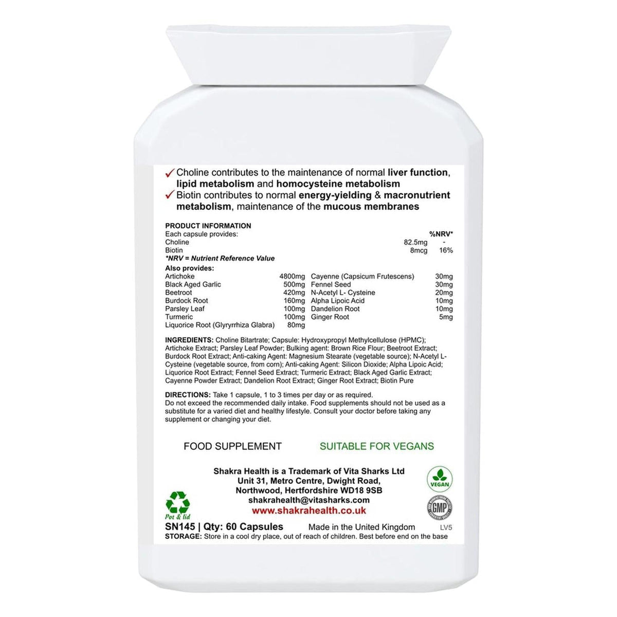 White plastic supplement bottle with a clear label detailing ingredients, dosage, and vegan certification.