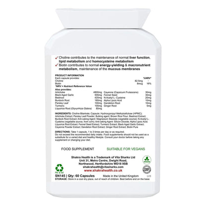 White plastic supplement bottle with a clear label detailing ingredients, dosage, and vegan certification.