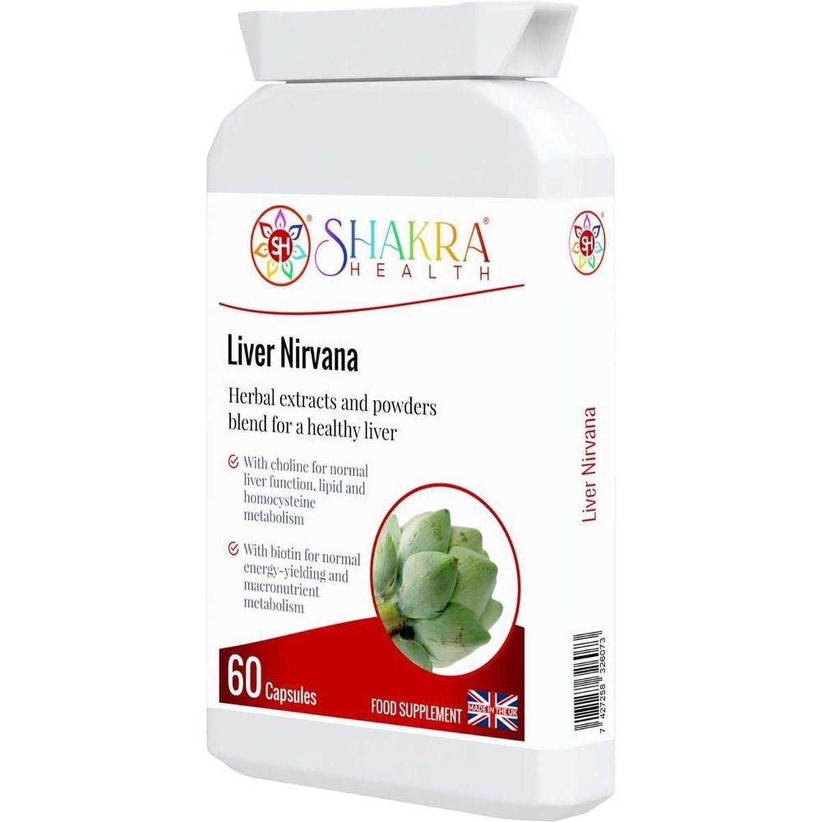 White plastic bottle of Liver Nirvana capsules with a Shakra Health logo and an artichoke graphic on the label.