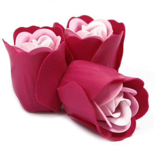 Three luxury soap roses with deep pink outer petals and soft pink centers, sculpted for a realistic floral bath experience.