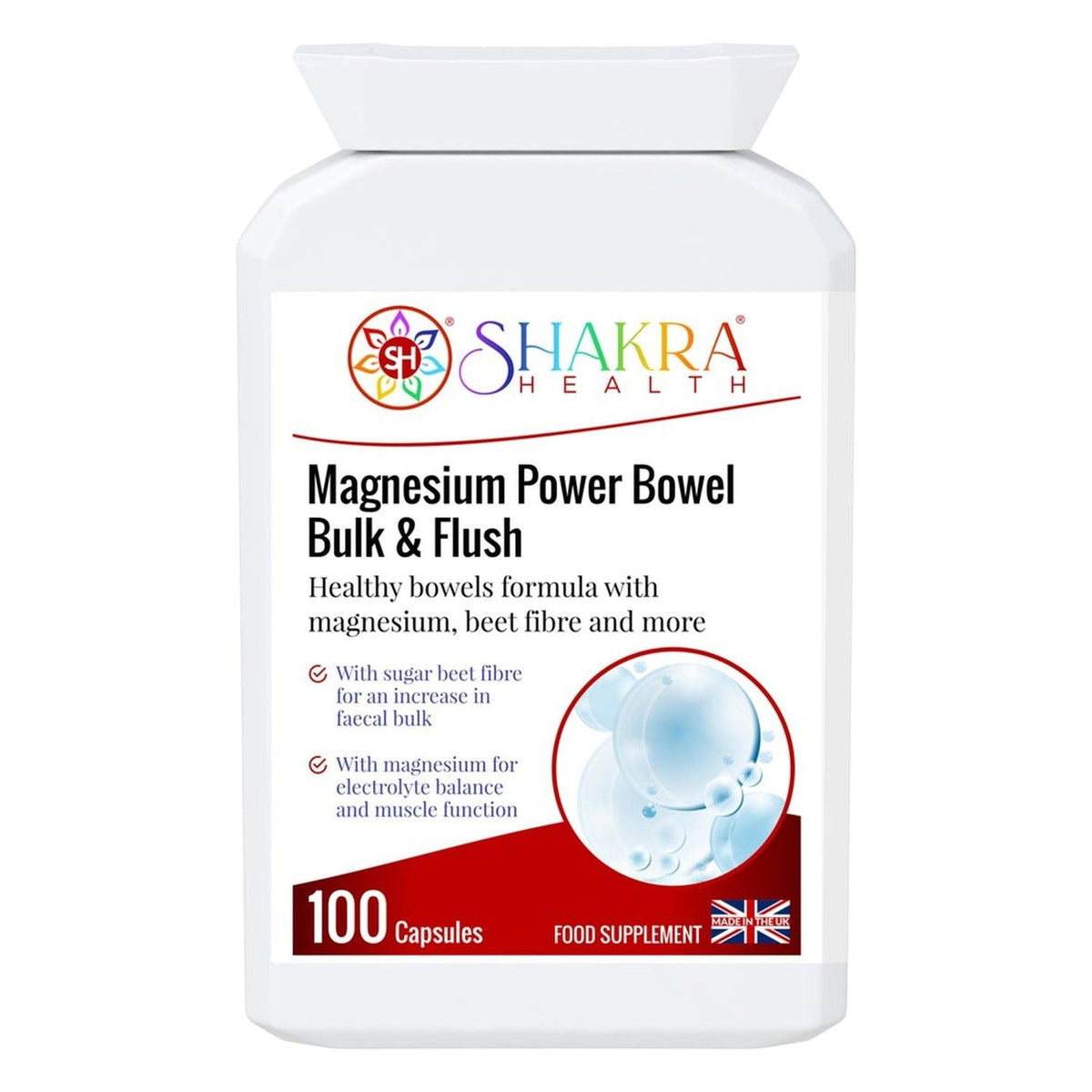 White bottle of Shakra Health Magnesium Power Bowel Bulk & Flush capsules with a red and blue label design.