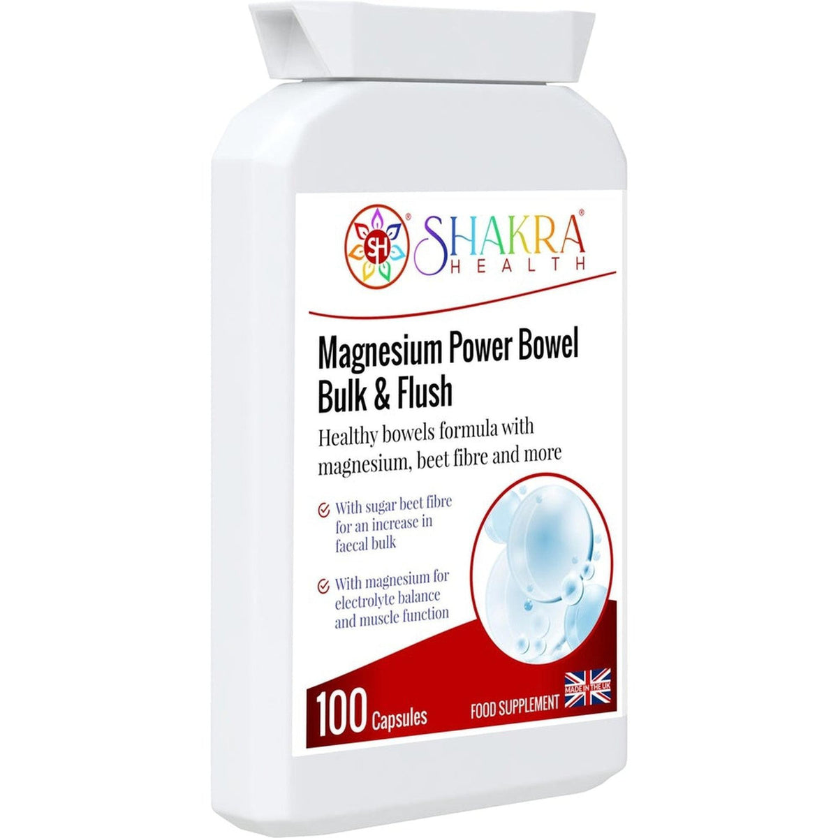 White plastic bottle of Shakra Health Magnesium Power Bowel Bulk & Flush capsules with a colorful logo and red accents.
