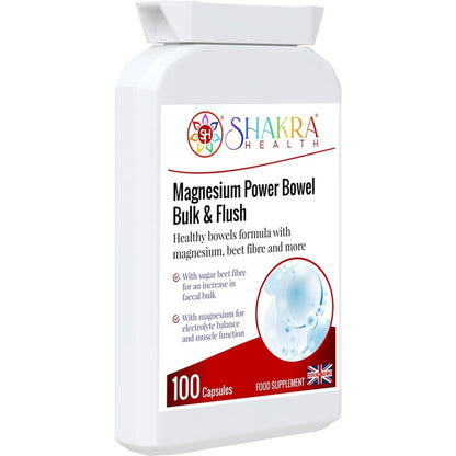 White plastic bottle of Shakra Health Magnesium Power Bowel Bulk & Flush capsules with a colorful logo and red accents.