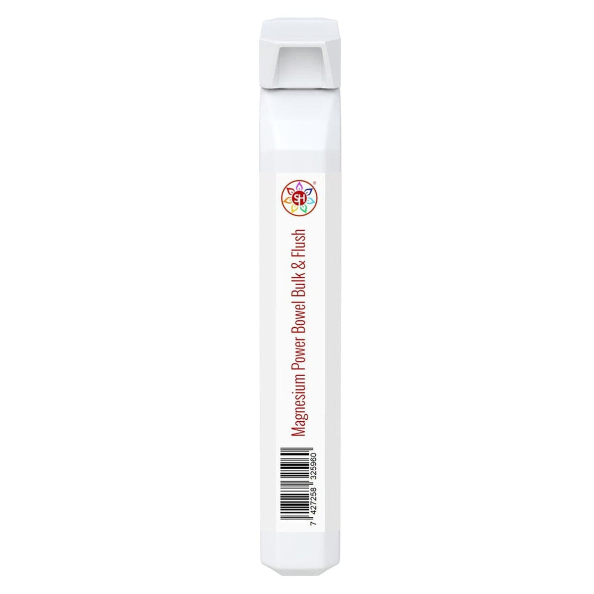 White rectangular supplement stick with a colorful logo and Magnesium Power Bowel Bulk & Flush text.