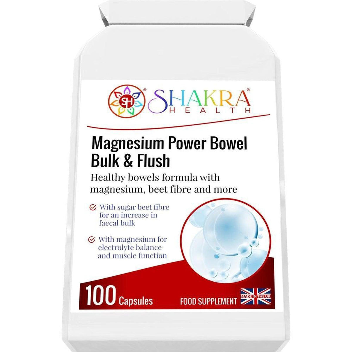 White bottle of Shakra Health Magnesium Power Bowel Bulk & Flush capsules with a red and blue label design.