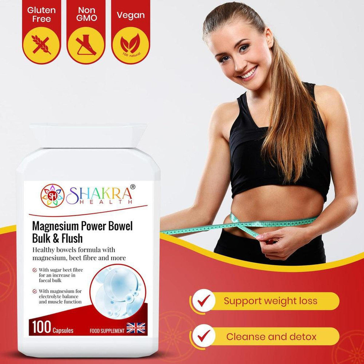 White bottle of Shakra Health Magnesium Power Bowel capsules next to a smiling woman measuring her waist with a tape.