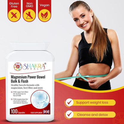 White bottle of Shakra Health Magnesium Power Bowel capsules next to a smiling woman measuring her waist with a tape.