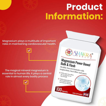 White bottle of Shakra Health Magnesium Power Bowel Bulk & Flush capsules on a red background with product information.