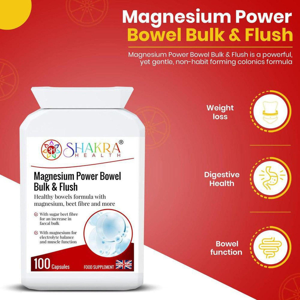 White bottle of Magnesium Power Bowel Bulk & Flush capsules with red branding and icons for digestive health on a red background.