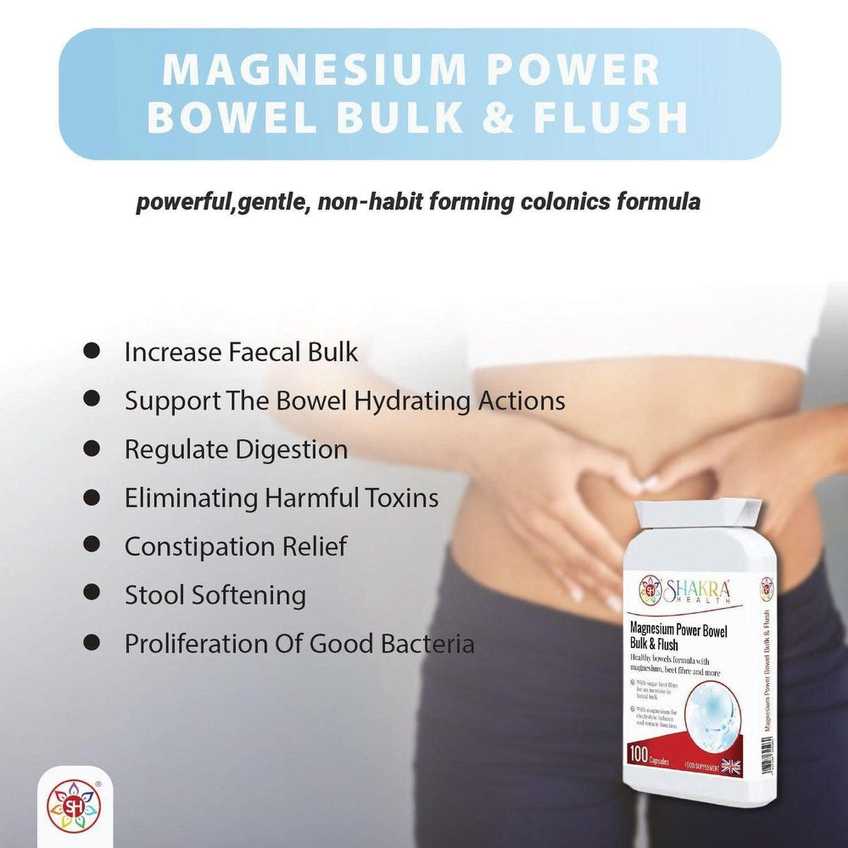White supplement bottle of Magnesium Power Bowel Bulk & Flush with a list of digestive benefits on a soft-focus background.