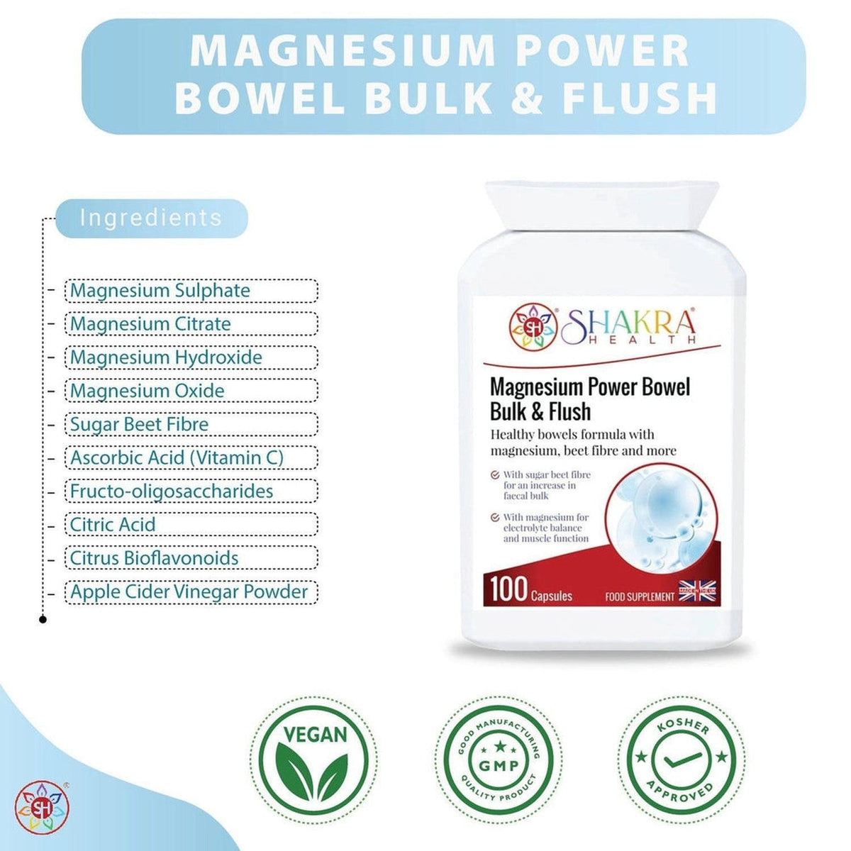 White bottle of Magnesium Power Bowel Bulk & Flush capsules with an ingredient list and vegan, GMP, and kosher certification icons.