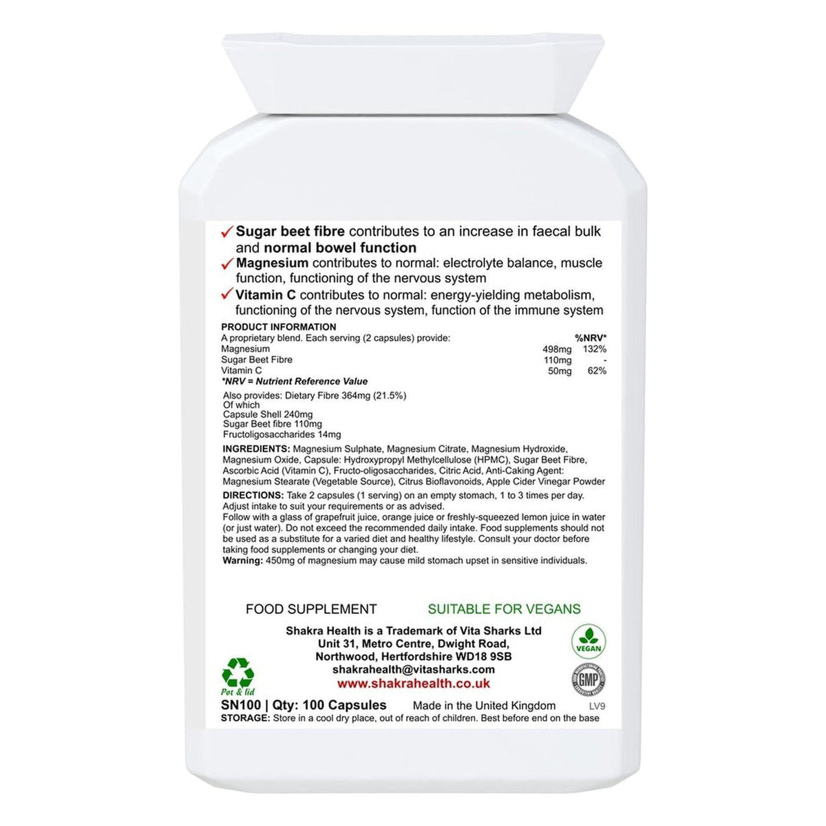 White plastic supplement bottle label with black text detailing ingredients, dosage, and vegan certification.