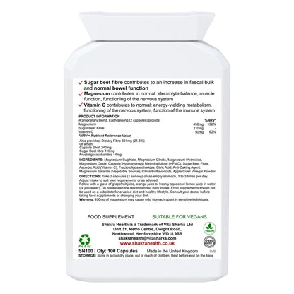 White plastic supplement bottle label with black text detailing ingredients, dosage, and vegan certification.