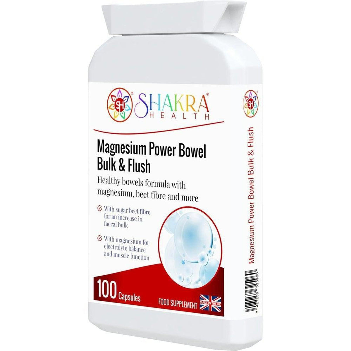 White plastic bottle of Shakra Health Magnesium Power Bowel Bulk & Flush capsules with red and blue branding.