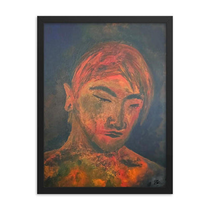 Framed contemporary painting of a man with closed eyes, featuring fiery orange and blue tones on a dark background.