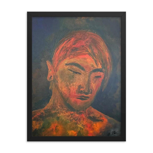 Framed contemporary painting of a man with closed eyes, featuring fiery orange and blue tones on a dark background.