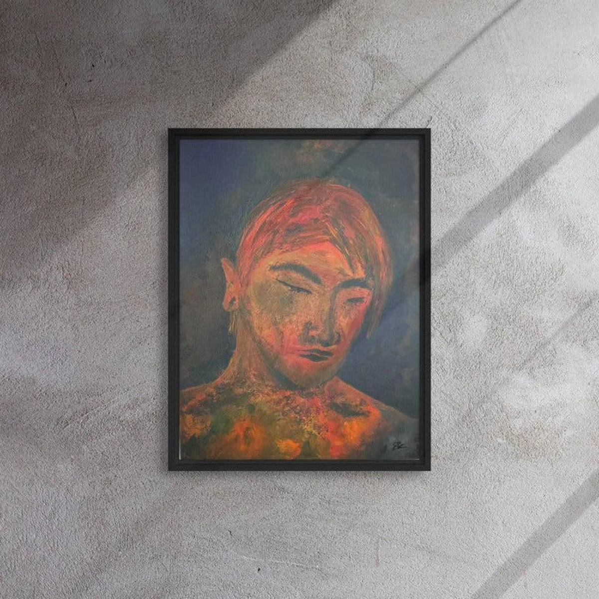 Framed contemporary portrait painting of a man with closed eyes, featuring fiery orange and blue abstract brushstrokes.