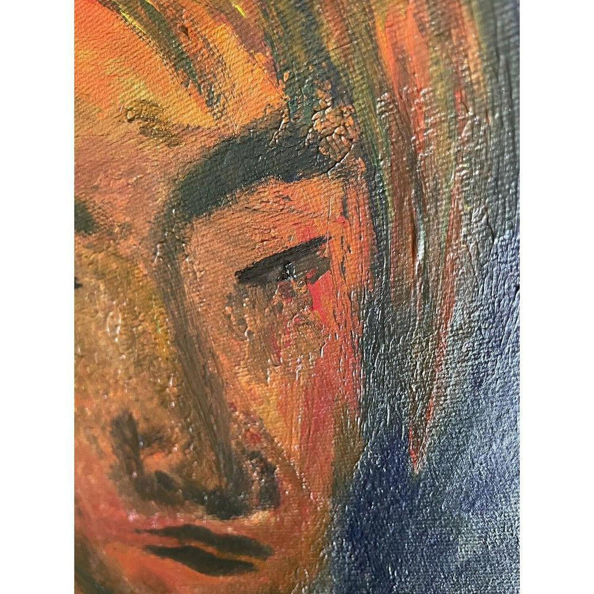 Hand-painted portrait in oil on canvas featuring a contemplative figure in warm orange, sienna, and deep blue tones.