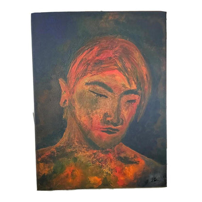 Hand-painted portrait of a man with closed eyes, featuring fiery orange and blue tones on a dark, textured canvas.