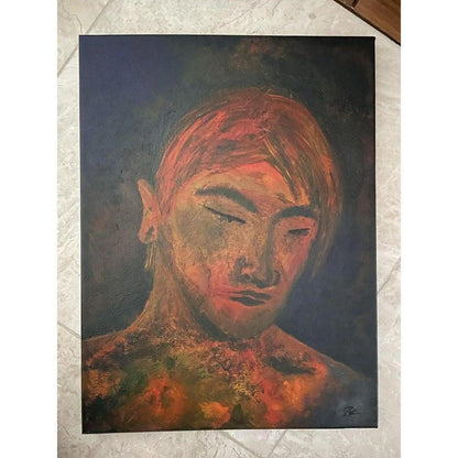 Original oil painting of a contemplative man with fiery orange and brown tones against a dark blue background.