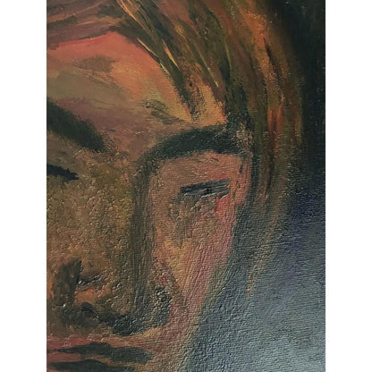 Hand-painted portrait in oil, featuring a man with closed eyes in warm orange and sienna tones against a dark blue backdrop.