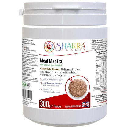 White 300g tub of Meal Mantra chocolate protein powder with a red label, nutritional facts, and a chocolate shake graphic.
