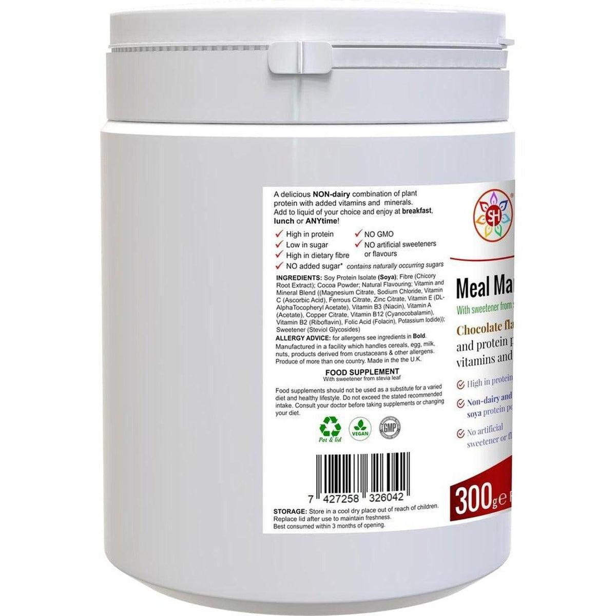 White plastic tub of Meal Mantra chocolate protein shake with a detailed nutrition and ingredient label.
