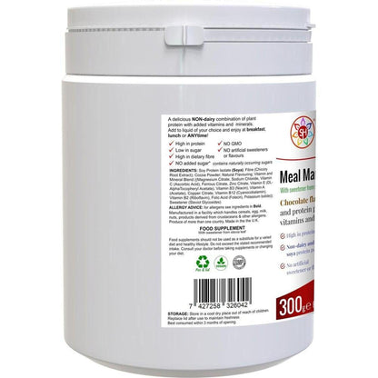White plastic tub of Meal Mantra chocolate protein shake with a detailed nutrition and ingredient label.