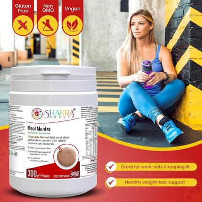 Meal Mantra chocolate protein powder tub next to a woman in a gym, featuring gluten-free, vegan, and non-GMO labels.
