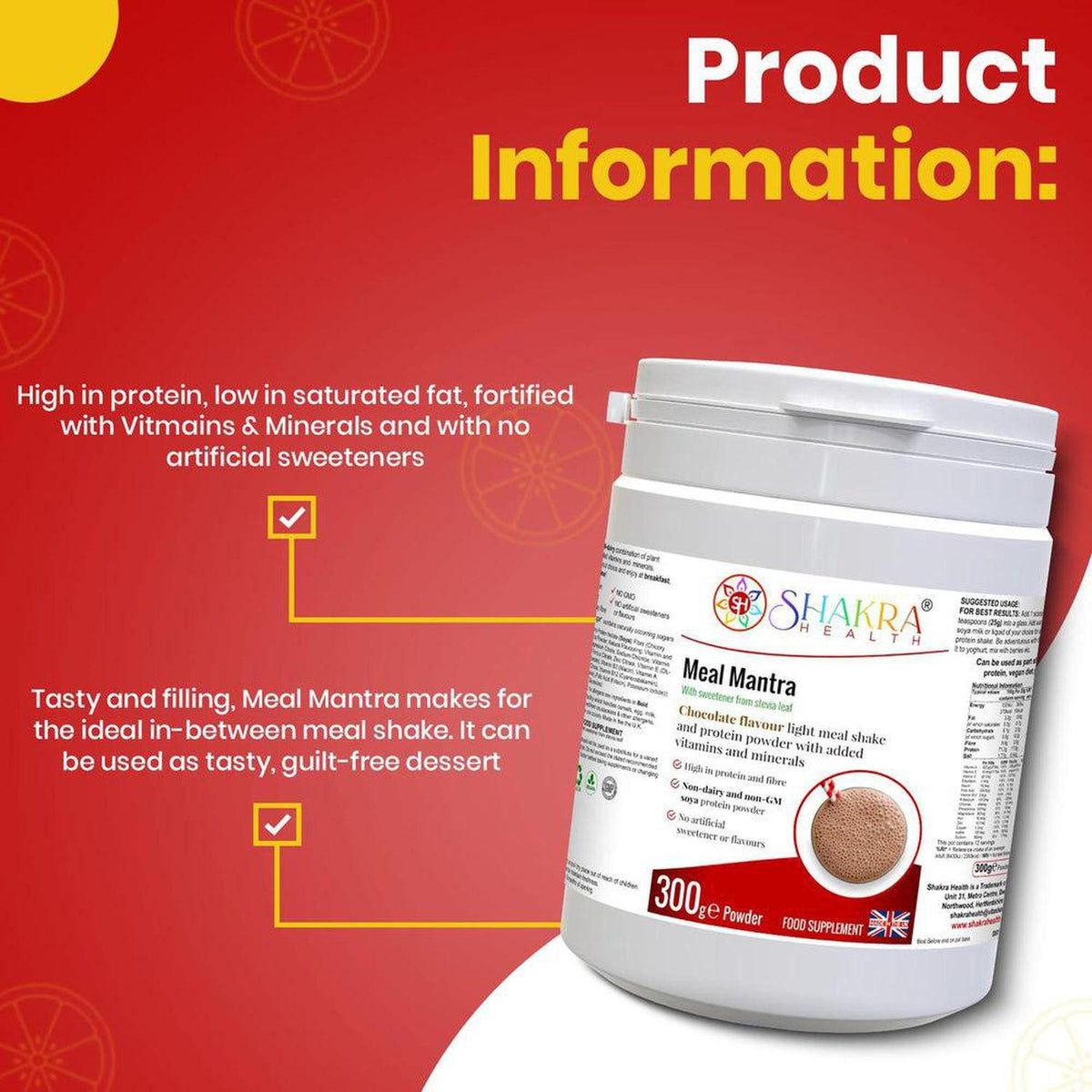 White 300g tub of Meal Mantra chocolate protein powder with product information and nutritional details on a red background.