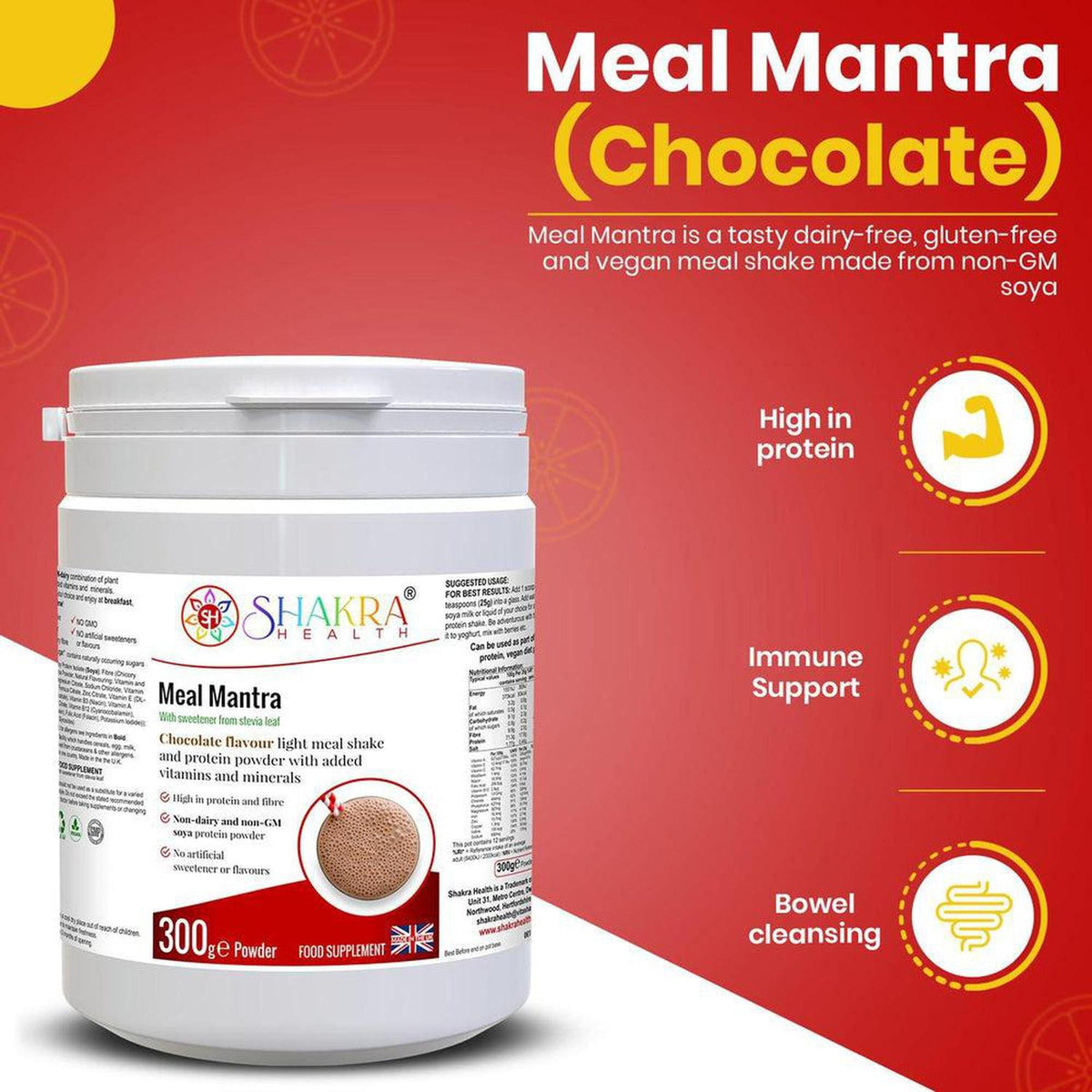 Meal Mantra chocolate protein powder tub in red and white packaging with nutritional information and health icons.