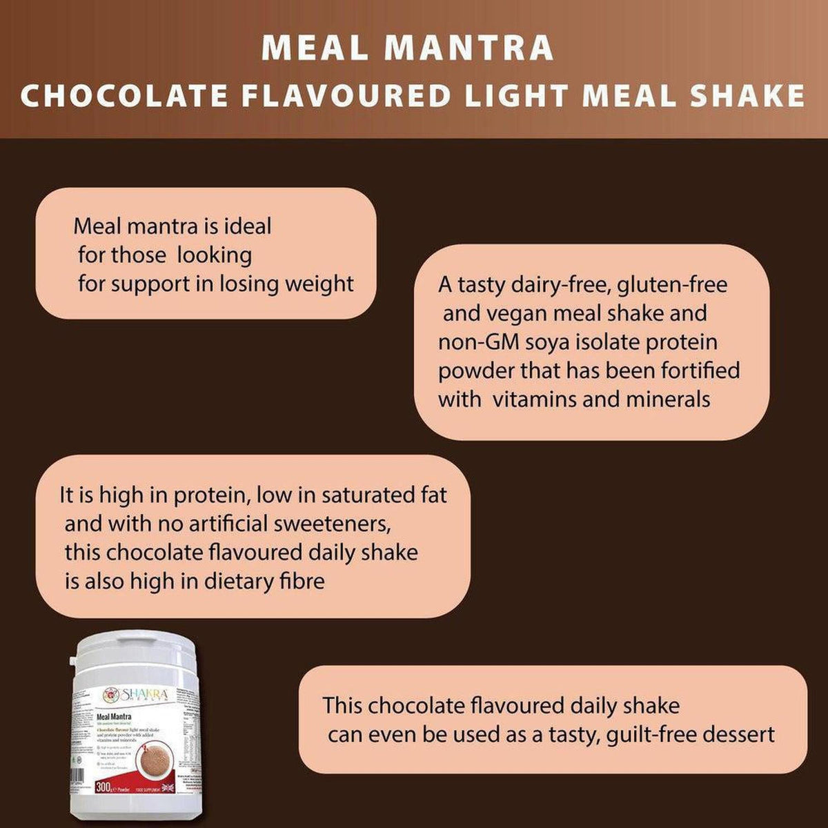 Meal Mantra chocolate meal shake tub on a brown background with informational text boxes highlighting product benefits.